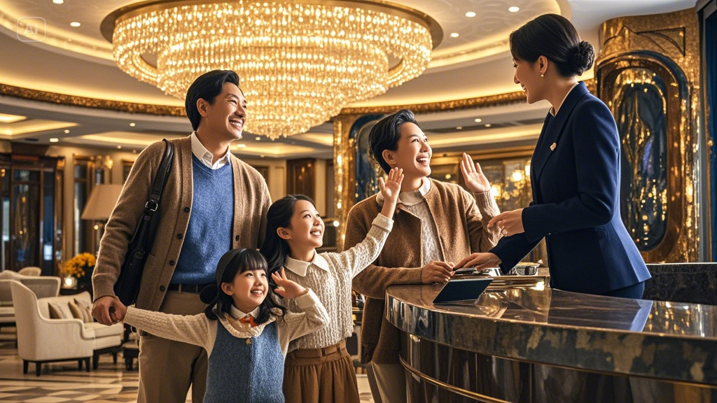 A close-up of a happy family checking into a hotel, smiling at the receptionist while the background... (2)