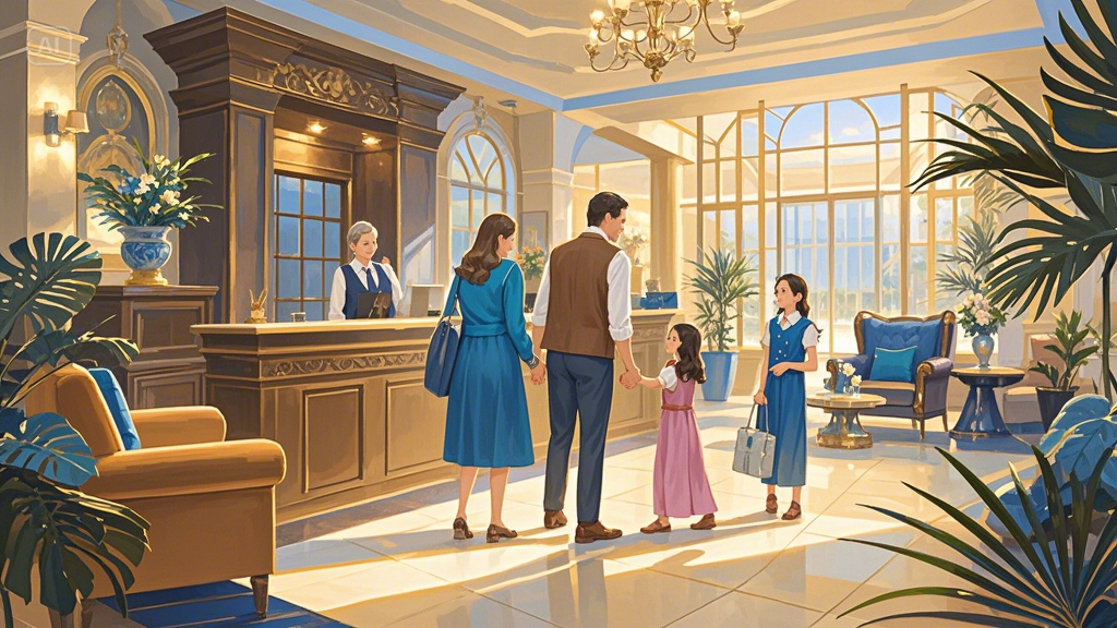 A close-up of a happy family checking into a hotel, smiling at the receptionist while the background... (3)