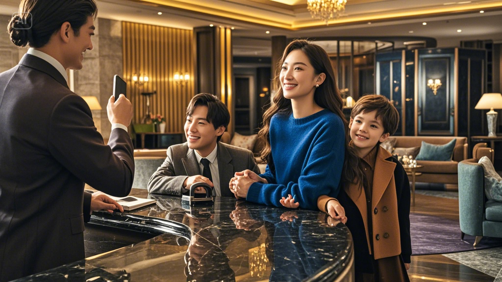 A close-up of a happy family checking into a hotel, smiling at the receptionist while the background...